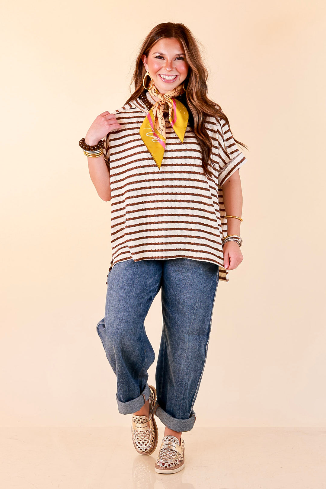 On The Daily Scoop Neck Short Sleeve Striped Textured Top in Chocolate Brown