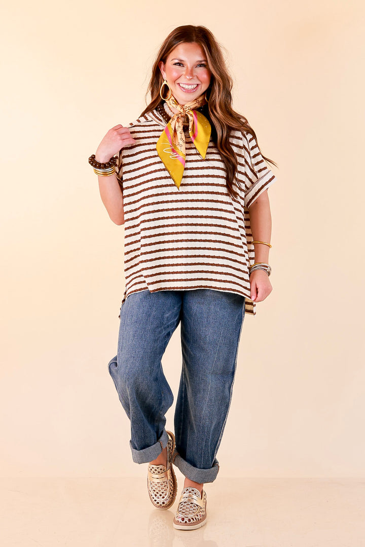 On The Daily Scoop Neck Short Sleeve Striped Textured Top in Chocolate Brown
