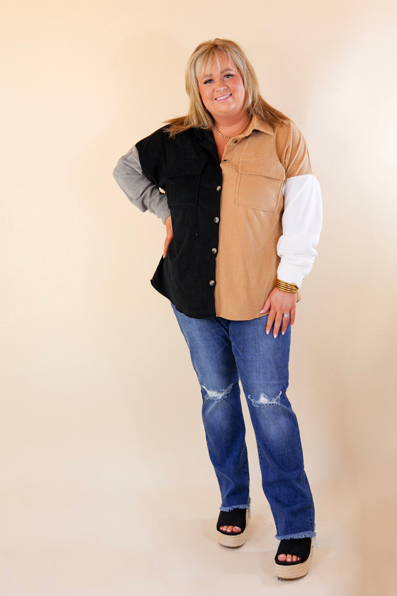 Cozy Perk Button Up Color Block Corduroy Shacket in Black and Tan - Giddy Up Glamour Boutique