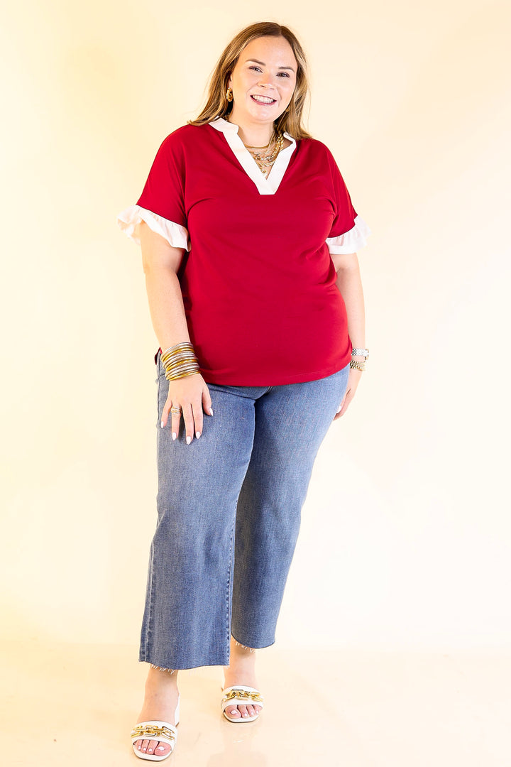 Power Play V Neck with Ruffle Short Sleeves and White Trim in Maroon