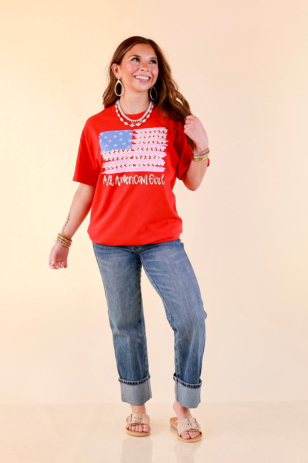 All American Darling USA Floral Flag Coquette Short Sleeve Graphic Tee with Bow Detailing in Red