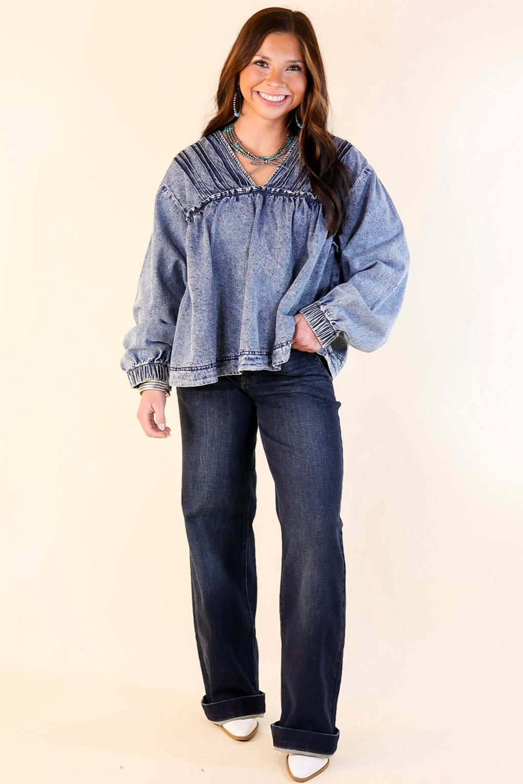 Western Soul Long Sleeve V Neck Denim Top in Medium Wash