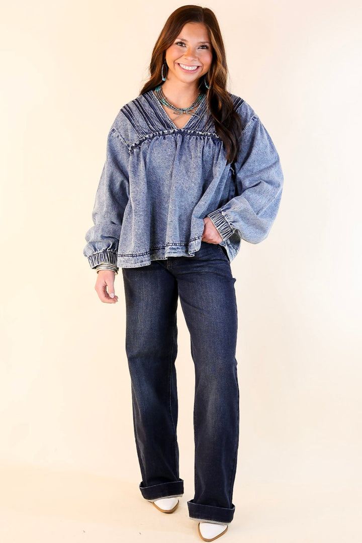 Western Soul Long Sleeve V Neck Denim Top in Medium Wash