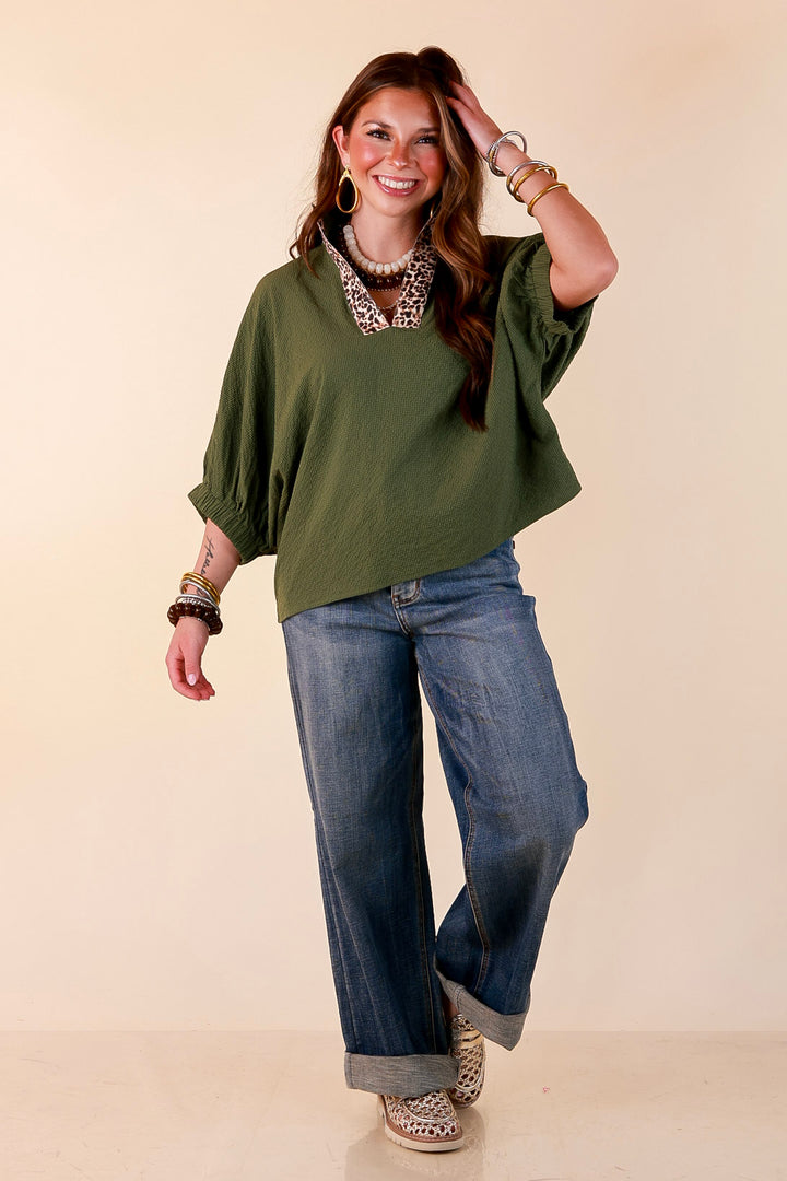 Naturally Chic Textured Poncho Top with Leopard Trim Details and Dolman Sleeves in Olive Green