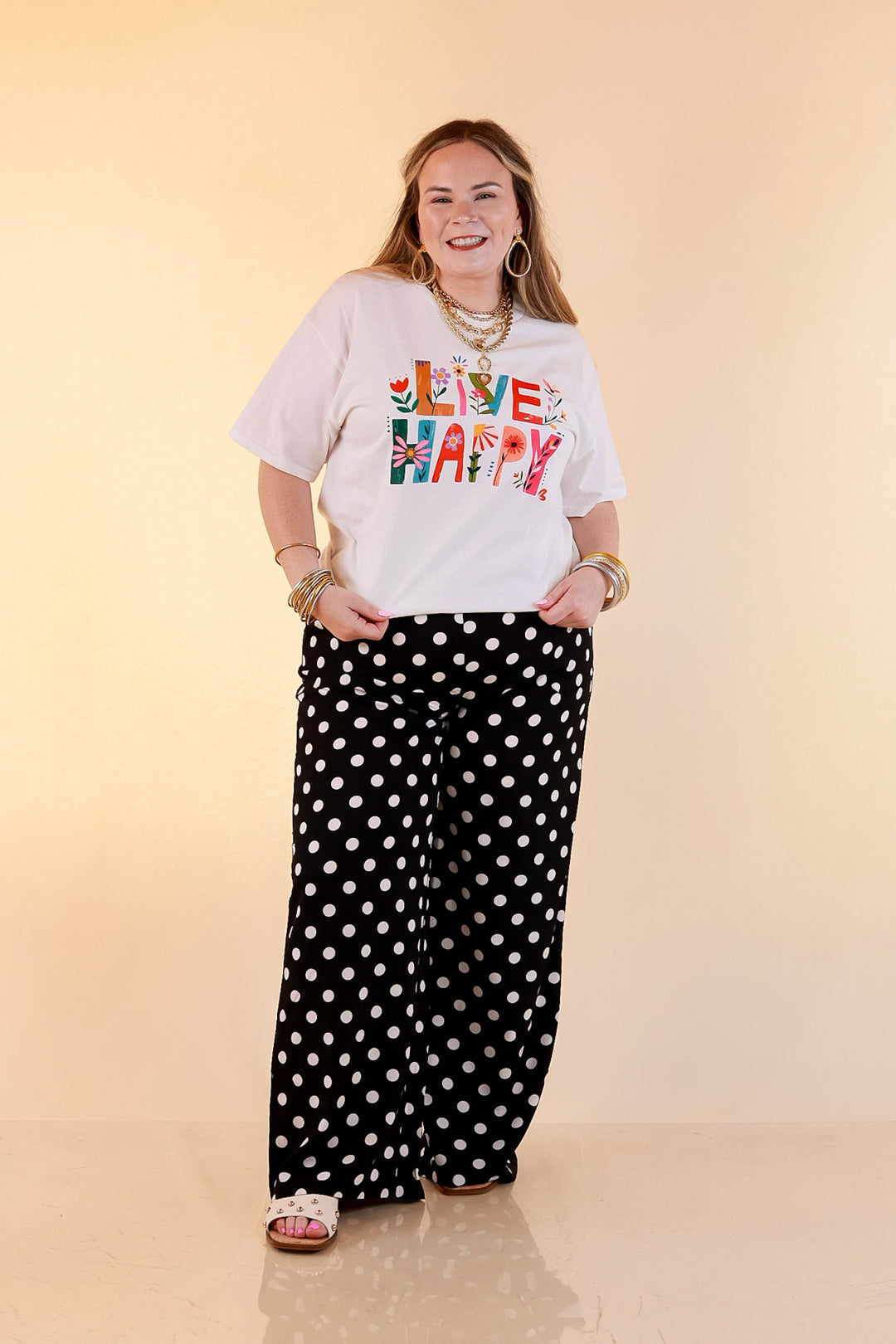 Happiness on Repeat "Live Happy" Floral Print Short Sleeve Graphic Tee in White