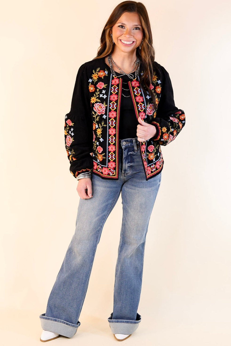 More To Say Corduroy Floral Embroidered Jacket in Black