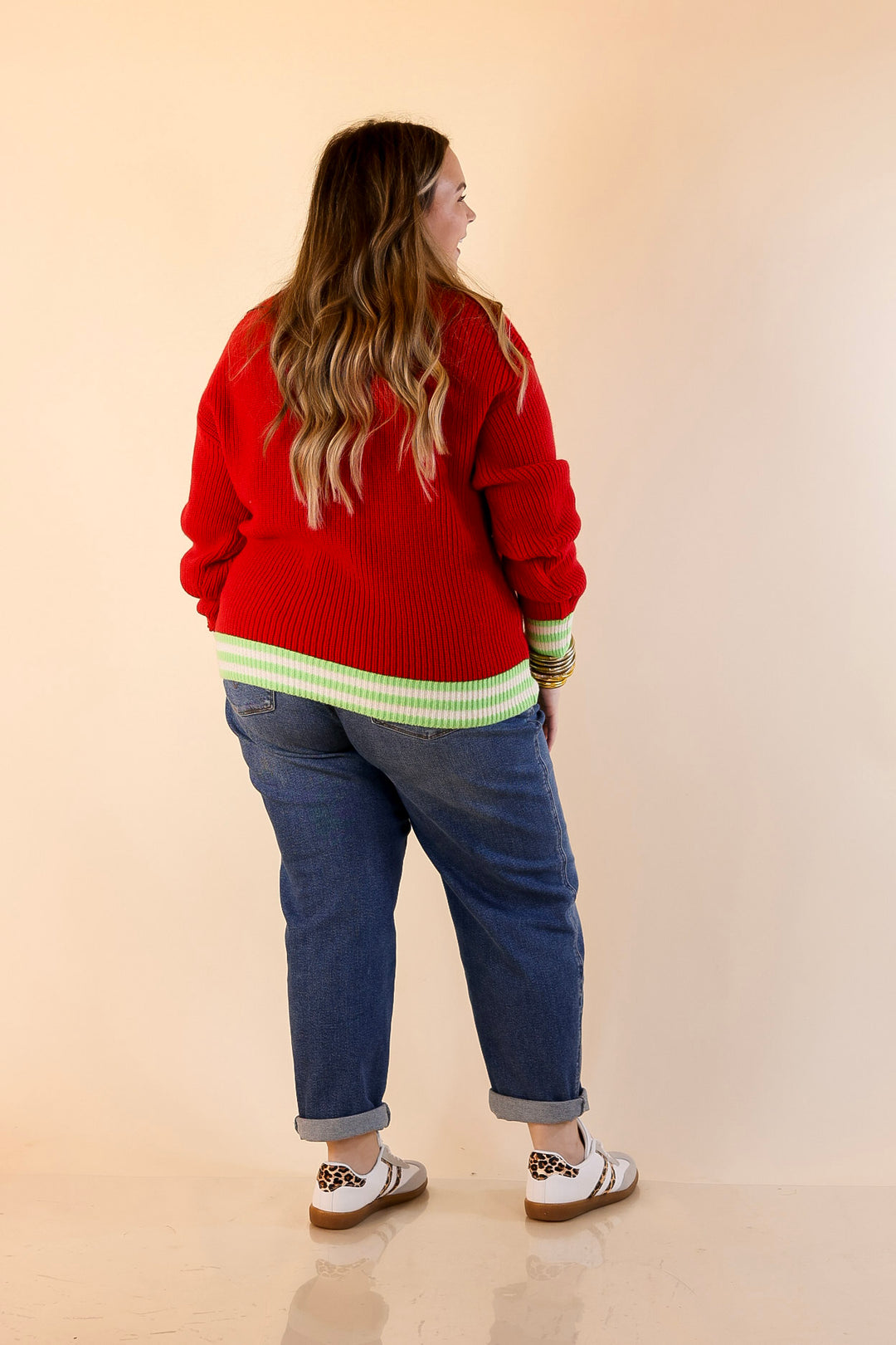 Simply Southern | Beary Merry Crewneck Sweater with Teddy Bear Graphic and Green Trim in Red