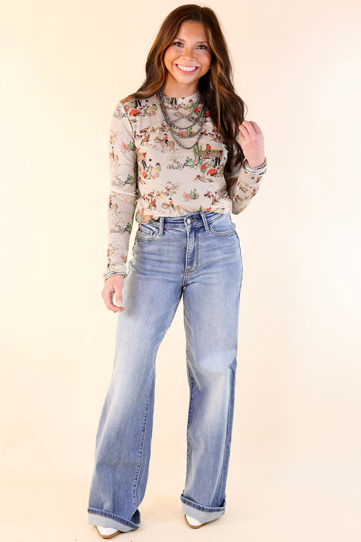 Western Dream Mesh Long Sleeve Top with Retro Western Print in Tan