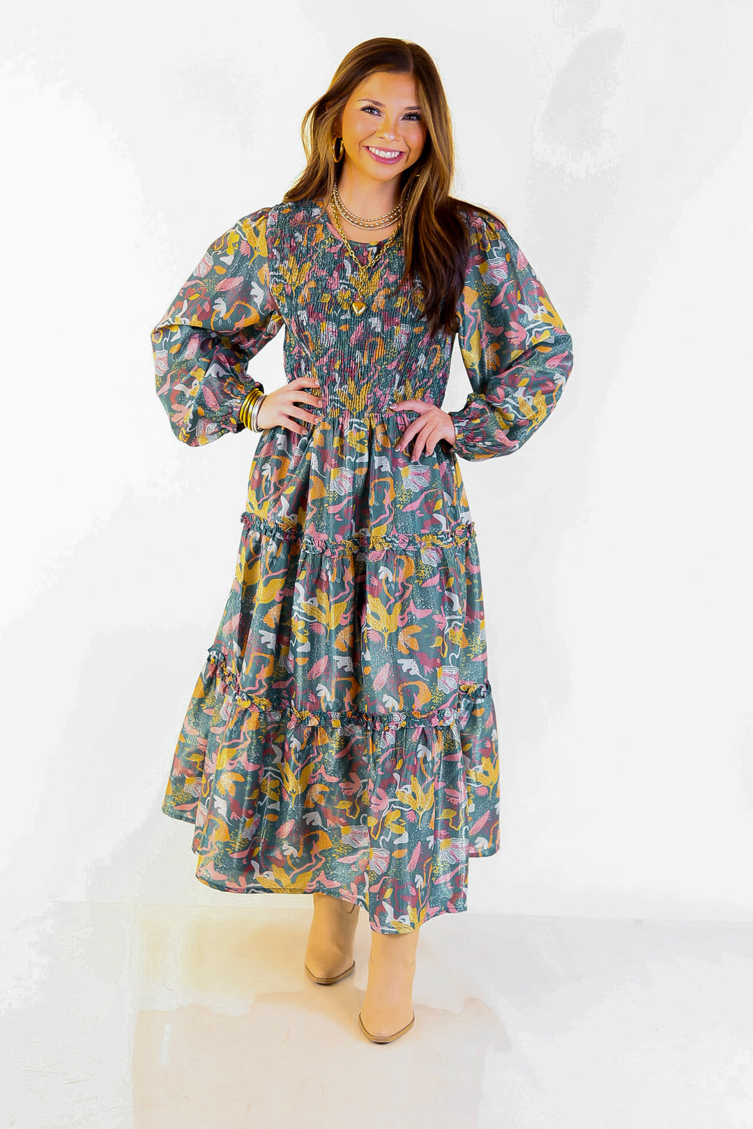 Mud Pie | Shaffer Smocked Bodice Long Sleeve Midi Dress with Tiered Skirt in Blue Mix