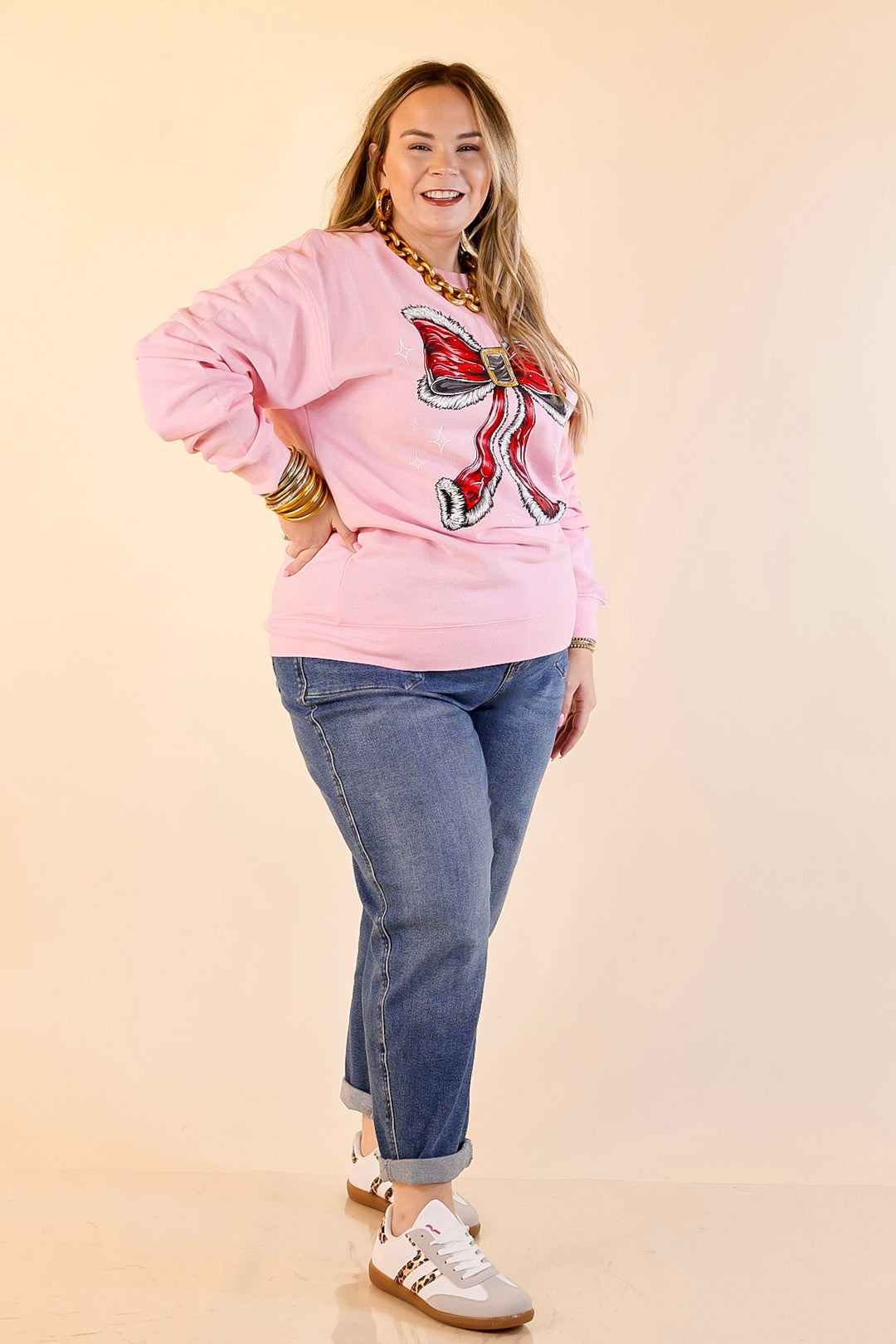 Simply Southern | Wrapped in Joy Santa's Suit Bow Graphic Crewneck Sweatshirt in Tutu Pink