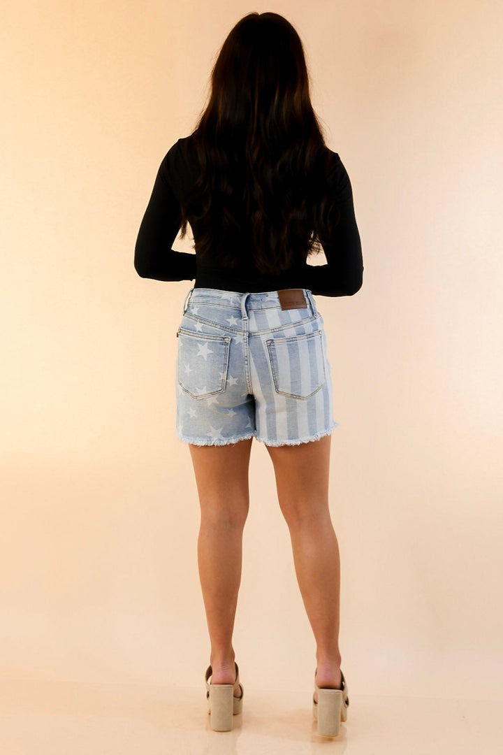 Judy Blue | All American Fray Hem Shorts with Bleached Stars and Stripes Design in Light Wash