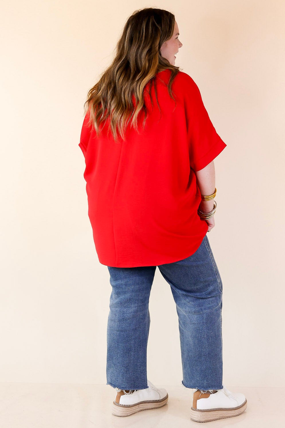 Classically Chic Short Sleeve V Neck Top in Red