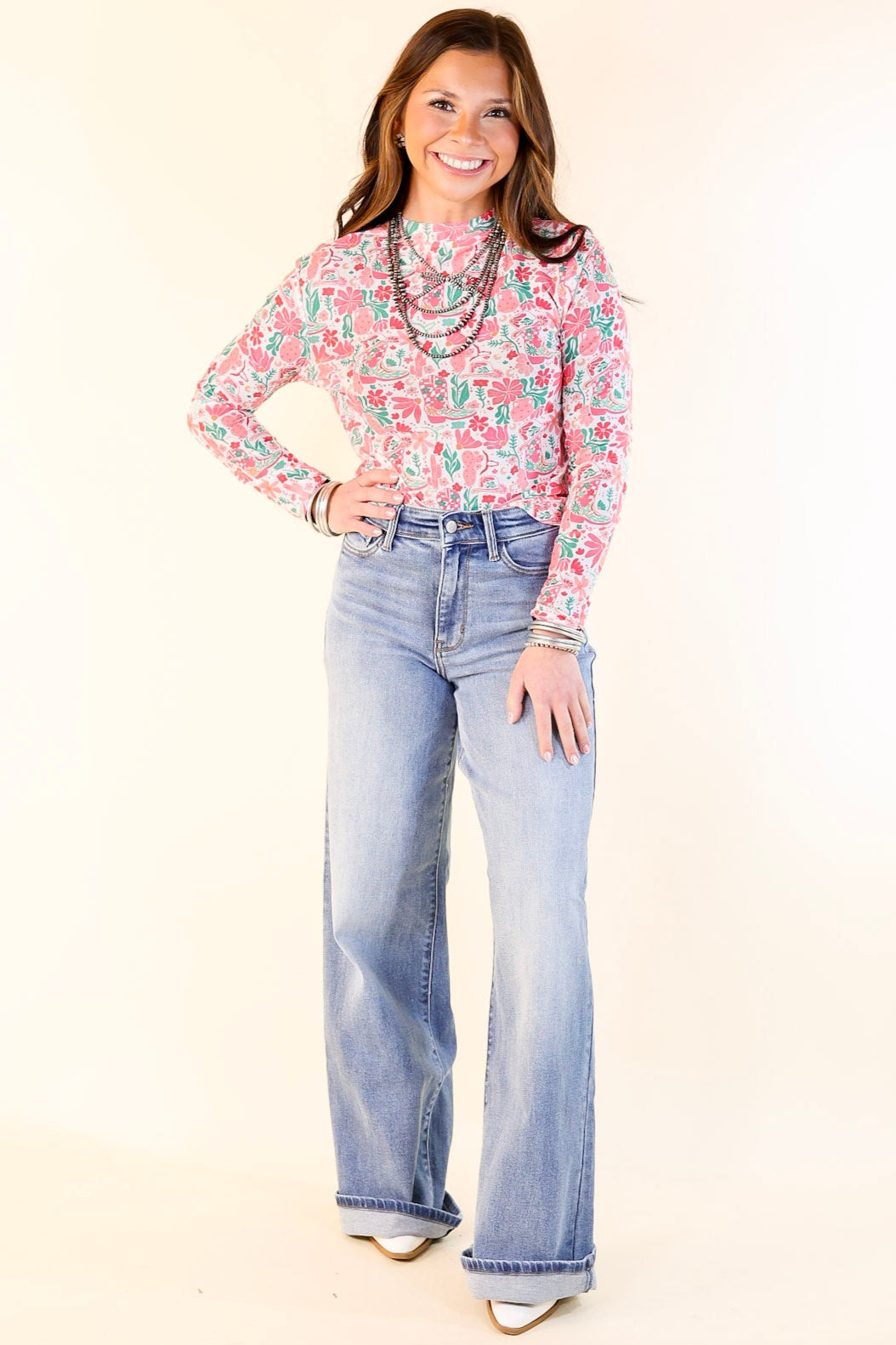 Western Dream Mesh Long Sleeve Top with Western Floral Print in Pink