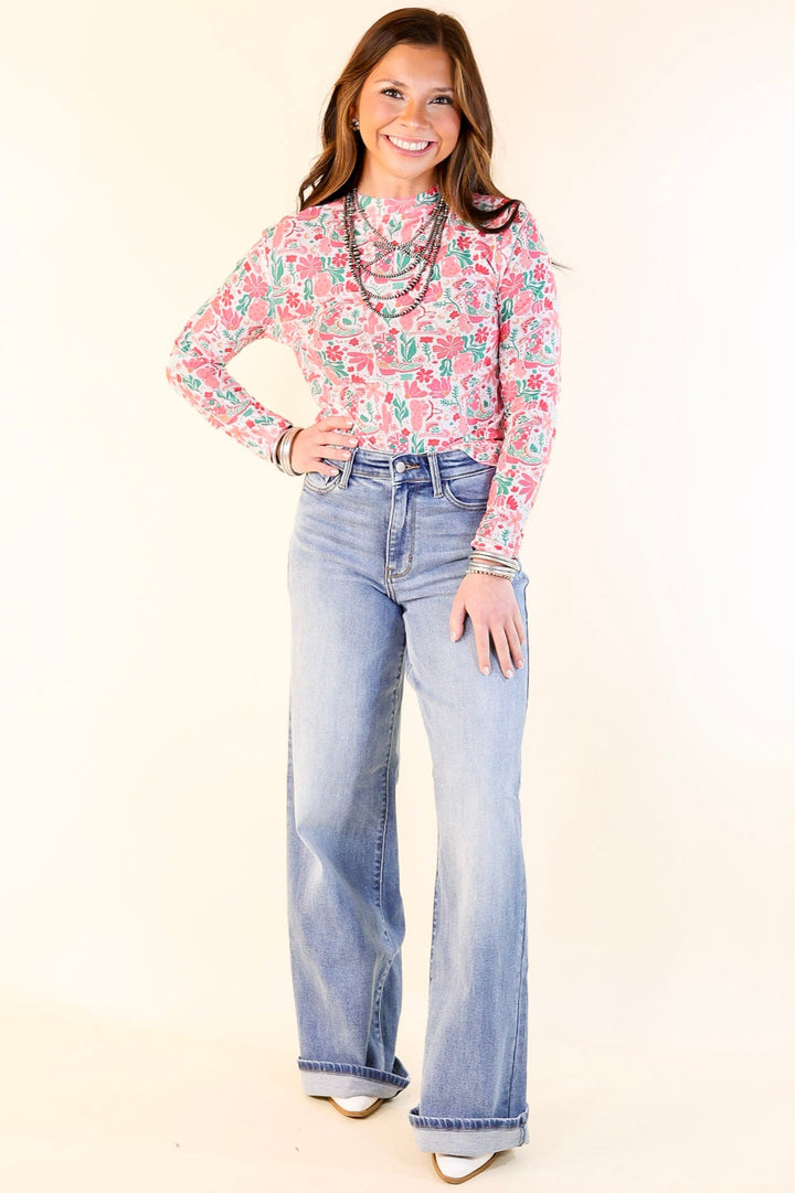 Western Dream Mesh Long Sleeve Top with Western Floral Print in Pink