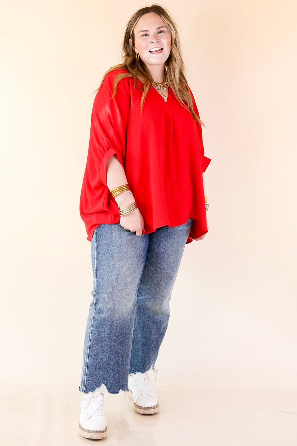 Elevated Basics V Neck Top with Half Sleeves in Ruby