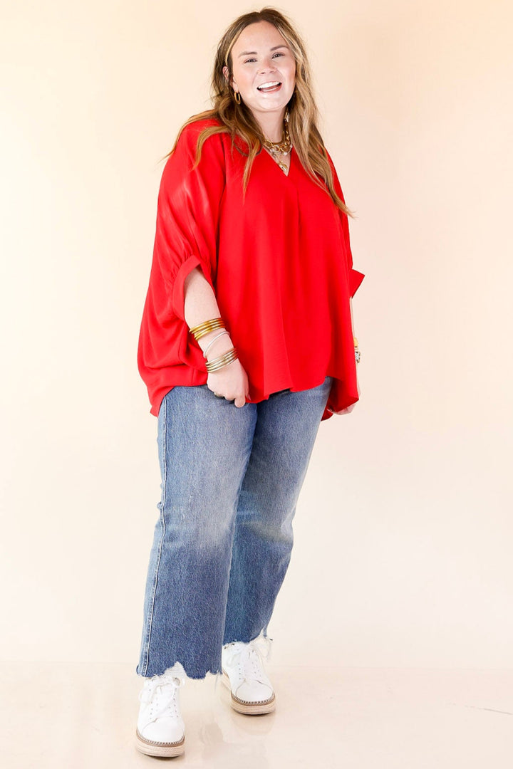 Elevated Basics V Neck Top with Half Sleeves in Ruby