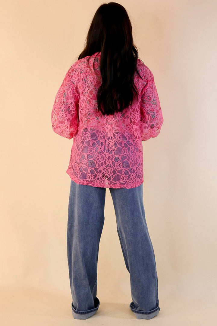 Sheer Chic Collared Button Up Lace Top in Pink Cosmos