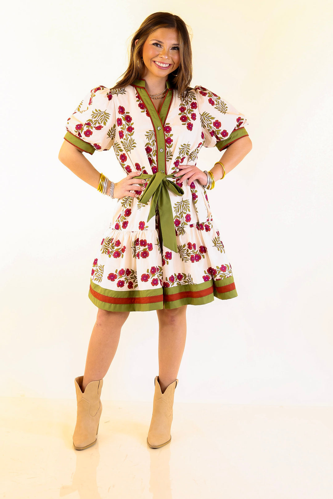 Garden Party Floral Dress with Dropped Skirt and Olive and Maroon Trim in Cream