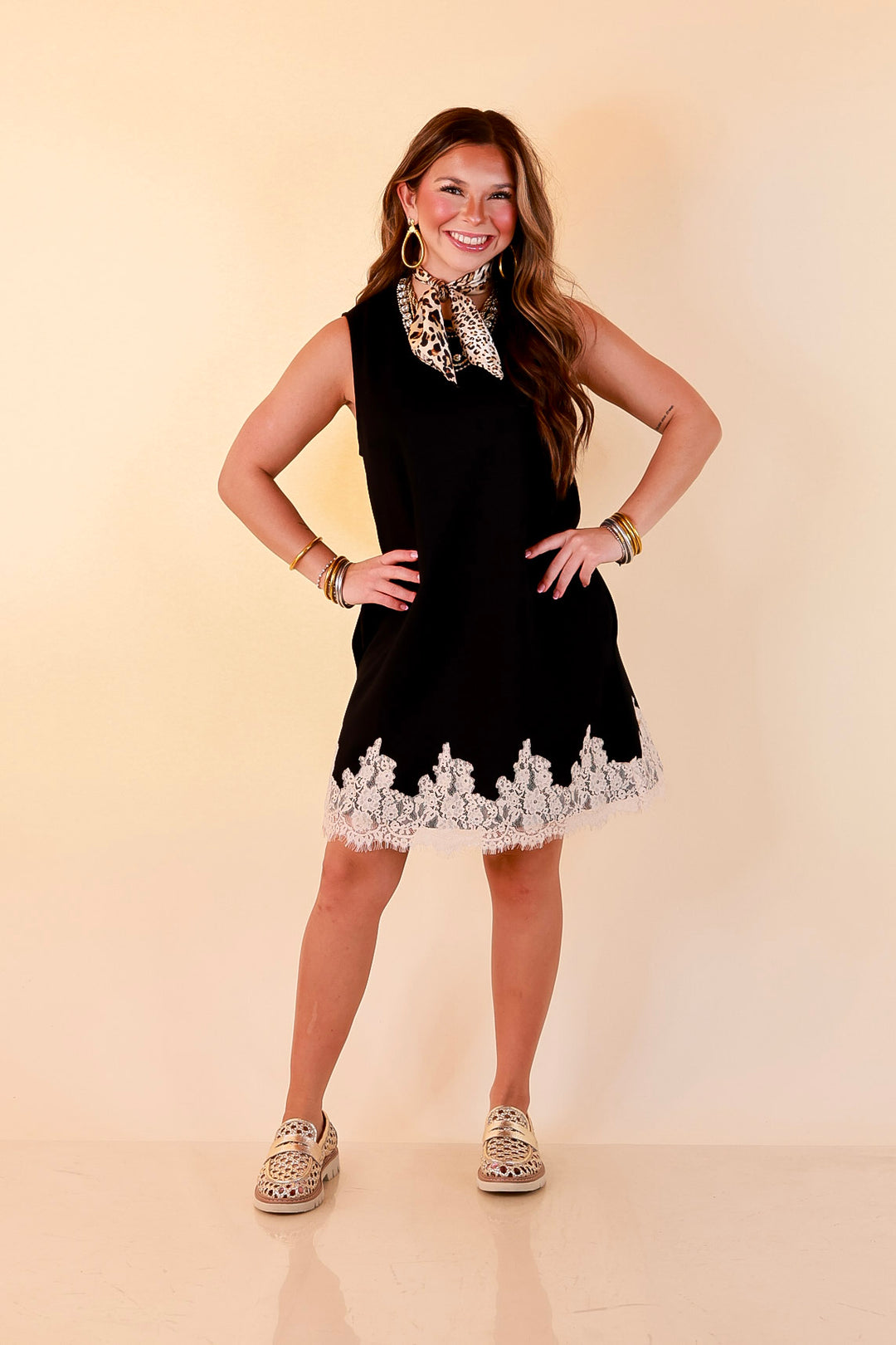 Just a Little Something Sleeveless Knit Mini Dress with Lace Trim in Black