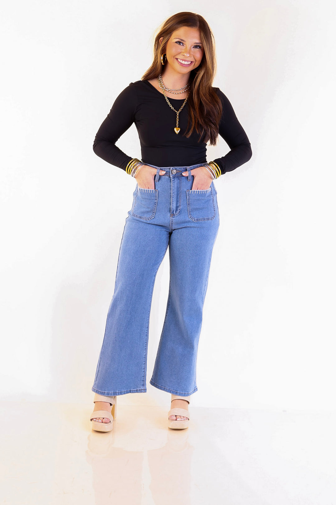 Patch Me In Denim Wide Leg Cropped Jean with Front Patch Pocket and Crochet Trim in Medium Wash