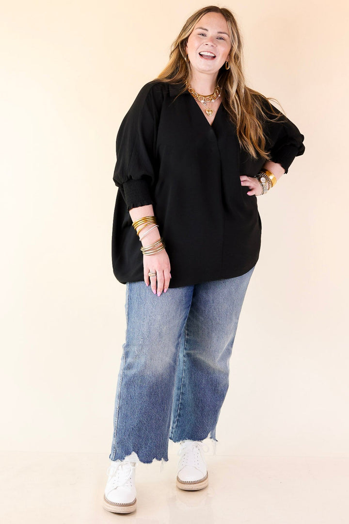 Spoken In Style Collared Blouse with Smoked Sleeve Band in Black