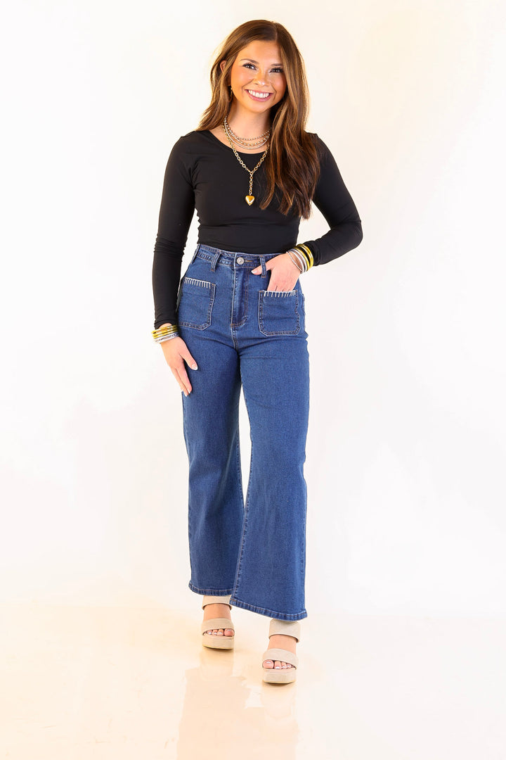 Patch Me In Denim Wide Leg Cropped Jean with Front Patch Pocket and Crochet Trim in Dark Wash