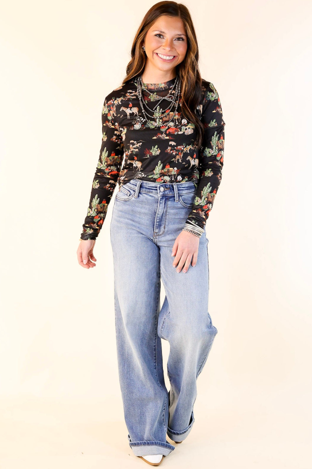 Western Dream Mesh Long Sleeve Top with Retro Western Print in Black