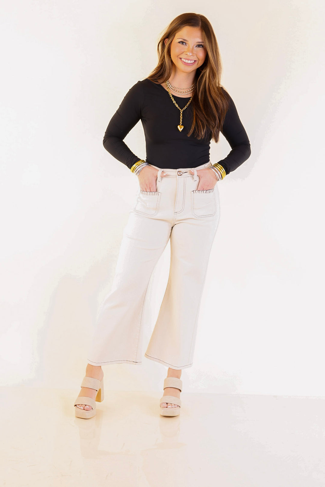 Patch Me In Denim Wide Leg Cropped Jean with Front Patch Pocket and Crochet Trim in Cream