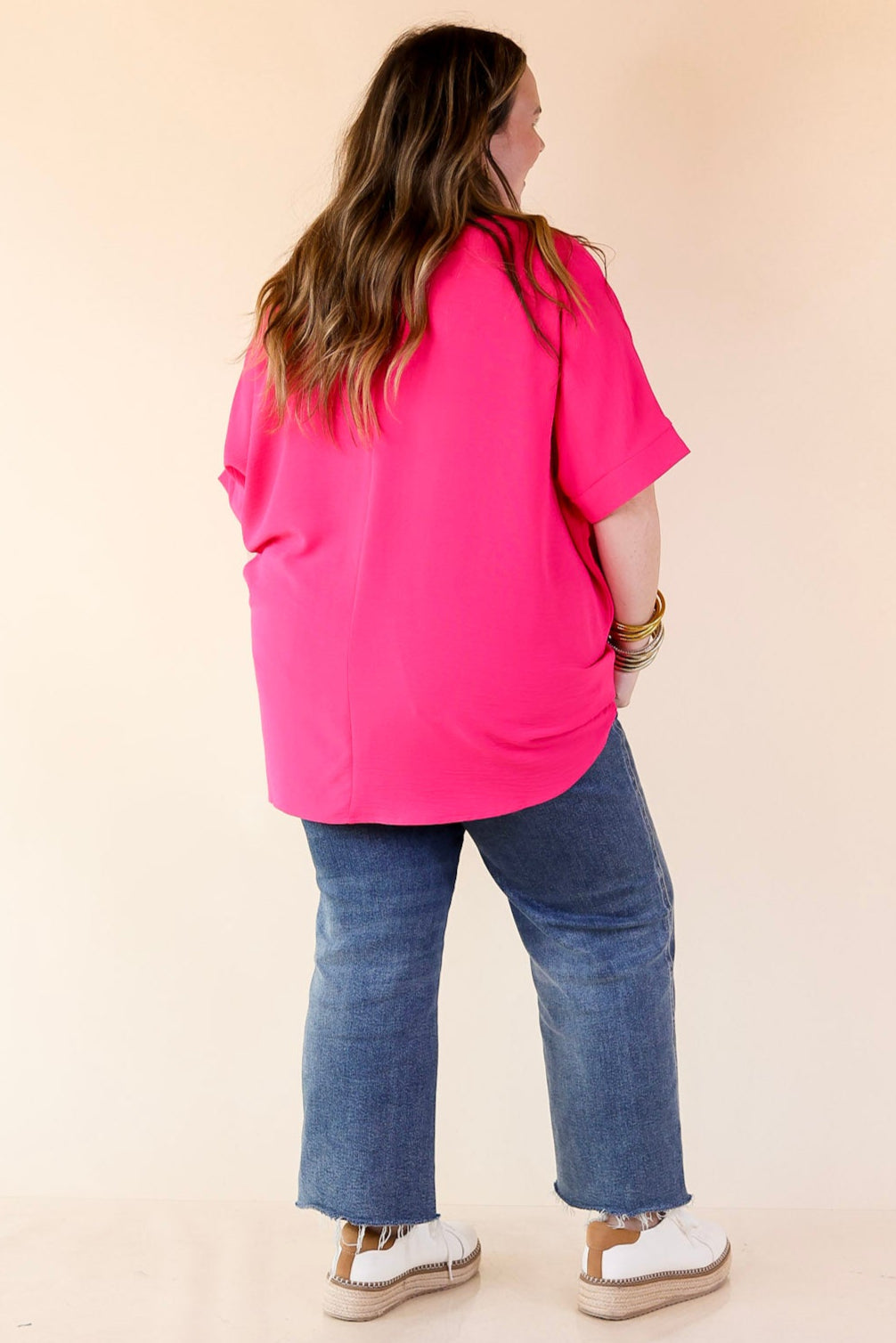 Classically Chic Short Sleeve V Neck Top in Hot Pink