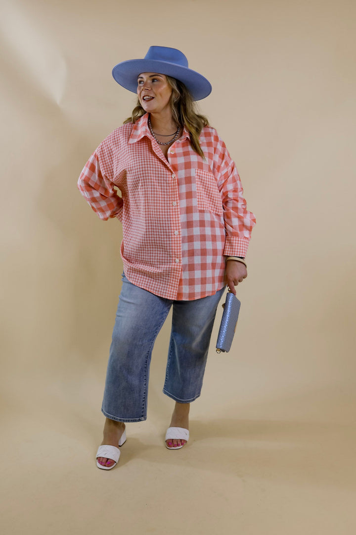 Waiting For You Mix Plaid Button Up Top in Coral Orange - Giddy Up Glamour Boutique