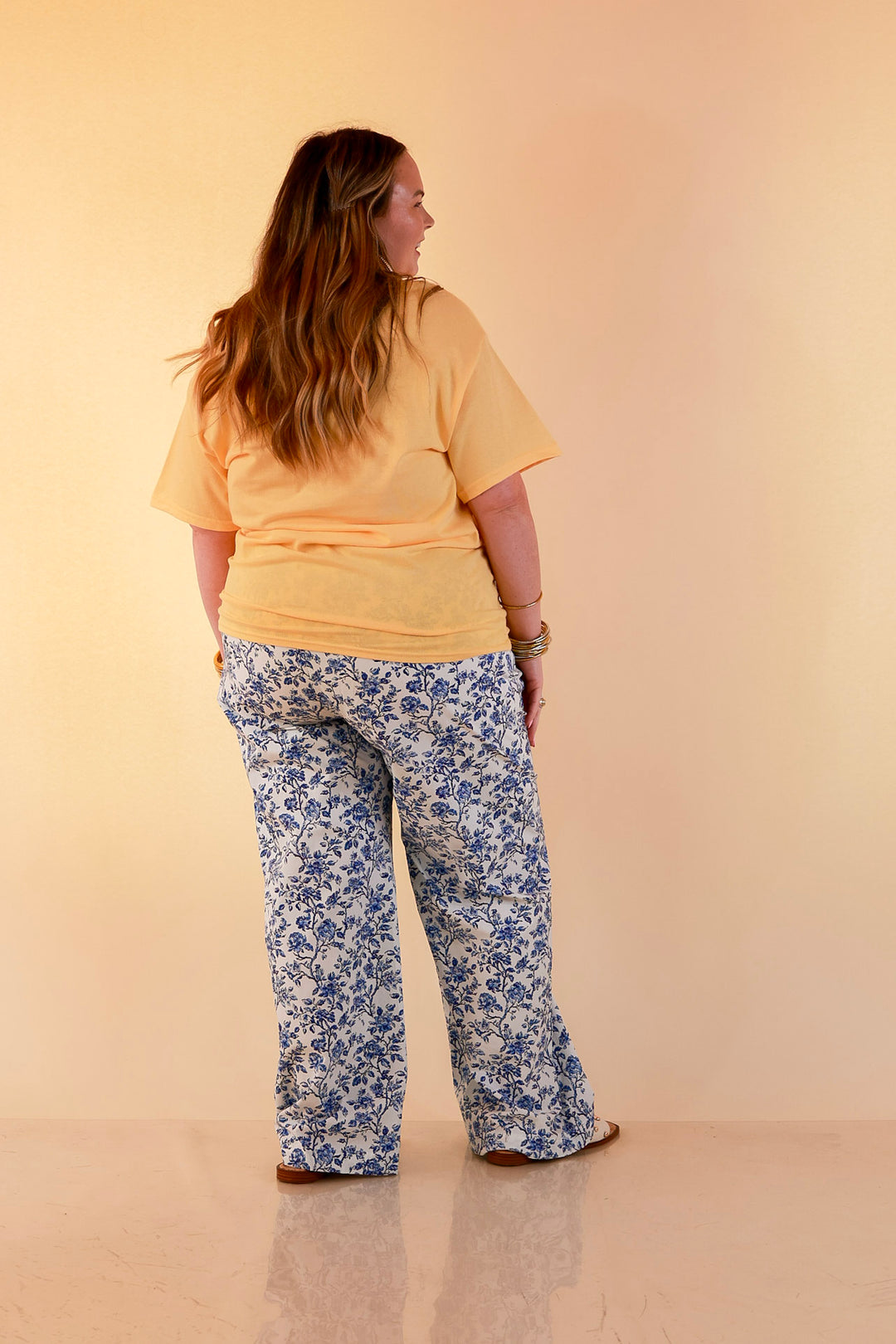 Lulu Mac | Casual Agenda Floral Toile Print Boxer Pants with Elastic Waistband in Blue