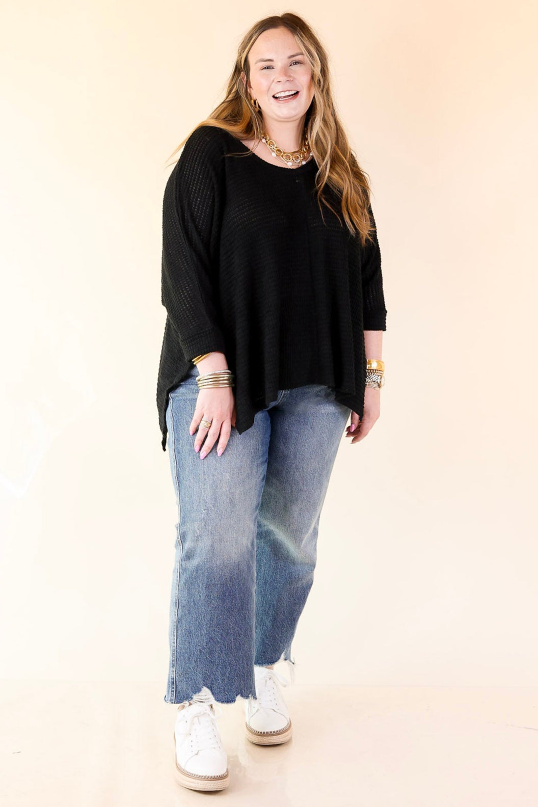 Breezy Intuition 3/4 Cuffed Sleeves Waffle Net Blouse In Black