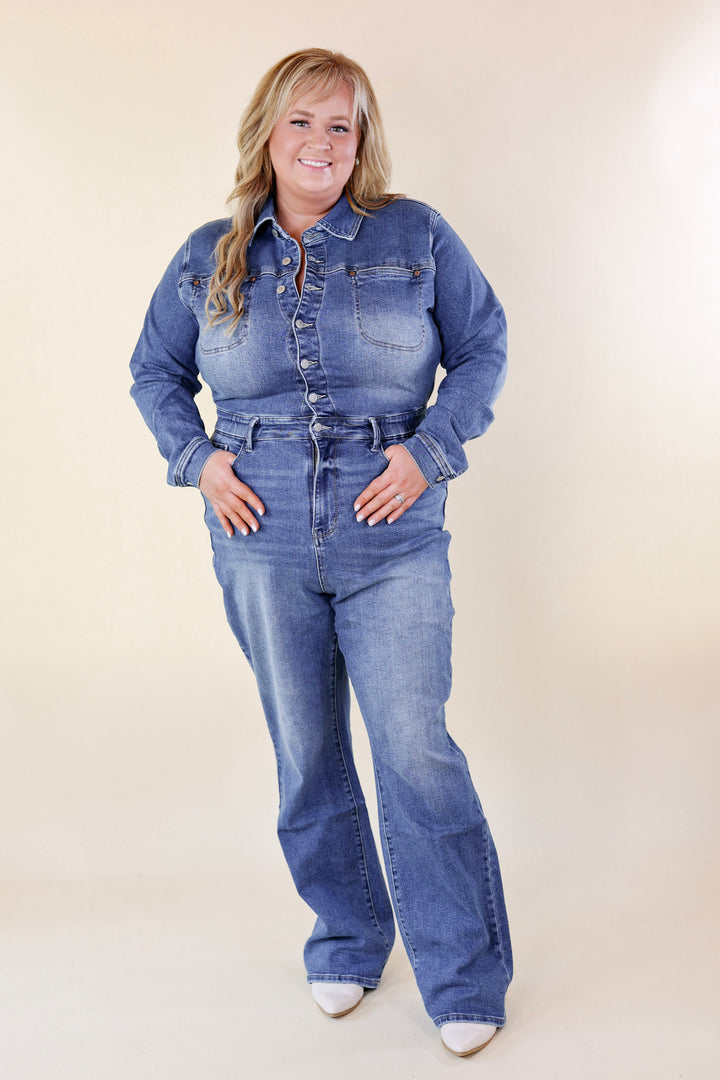 Judy Blue | Not Your Concern Long Sleeve Denim Jumpsuit in Medium Wash - Giddy Up Glamour Boutique