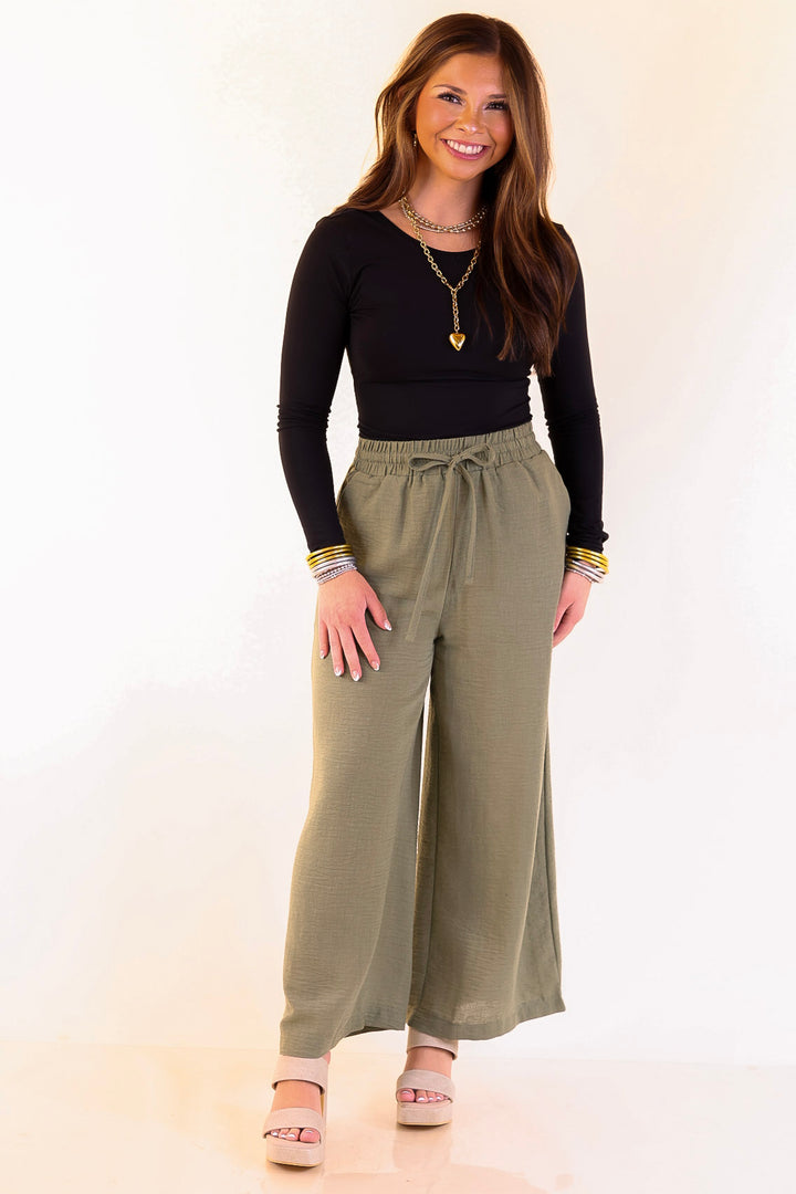 On Repeat Cropped Drawstring Woven Pants in Olive Green