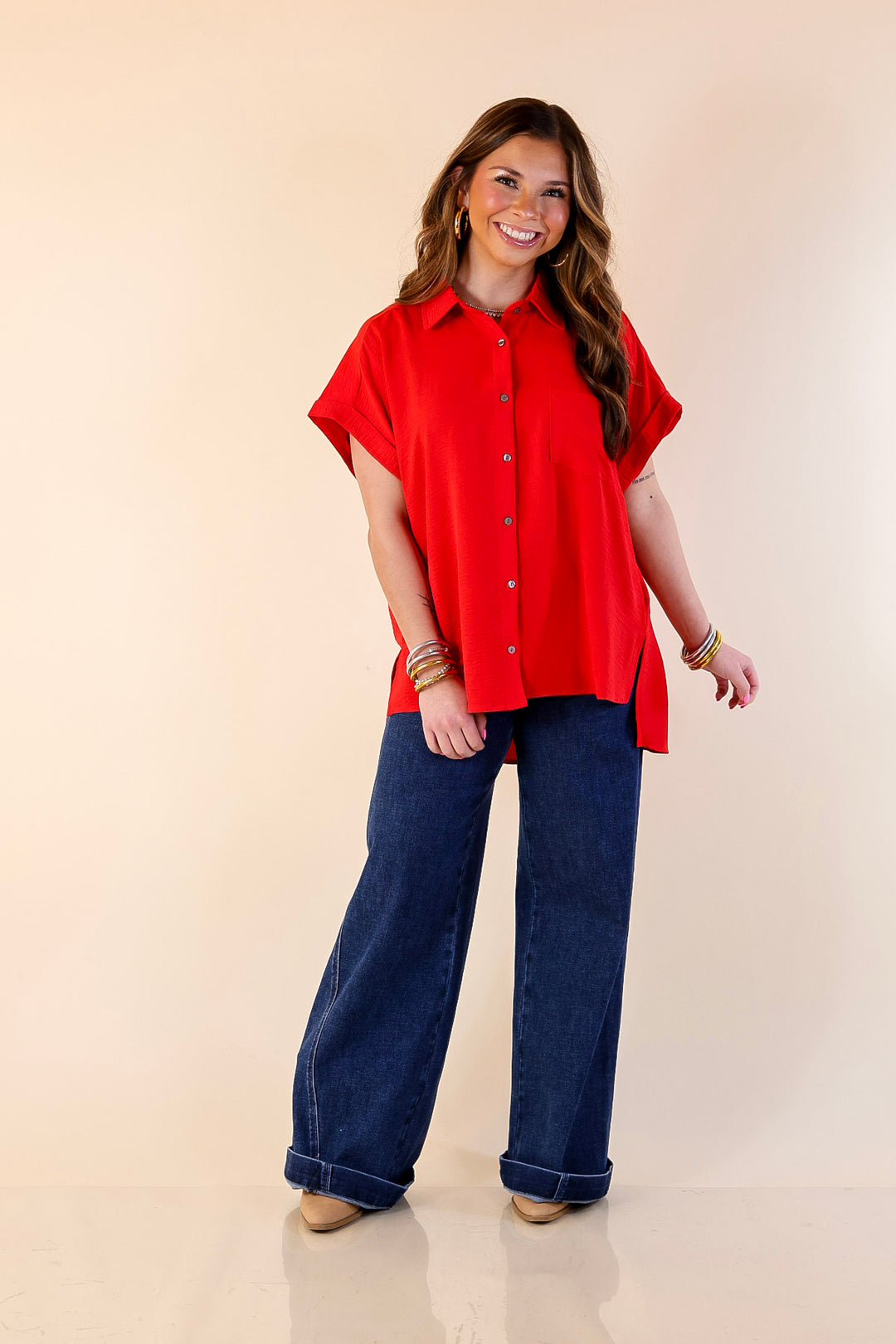 Timeless Appeal Collared Button Up Top in Red
