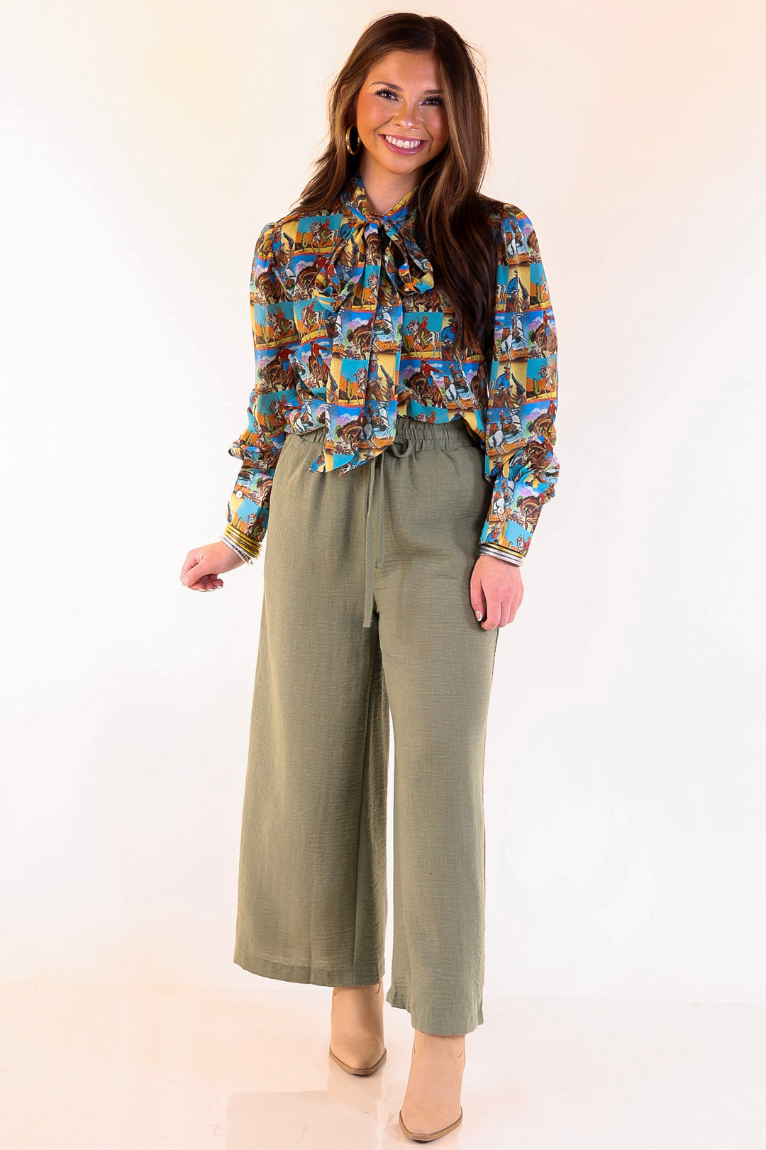 Wild at Heart Bowtie Button Up Collared Mesh Blouse Top with Cowboy Pop Art Print in Blue