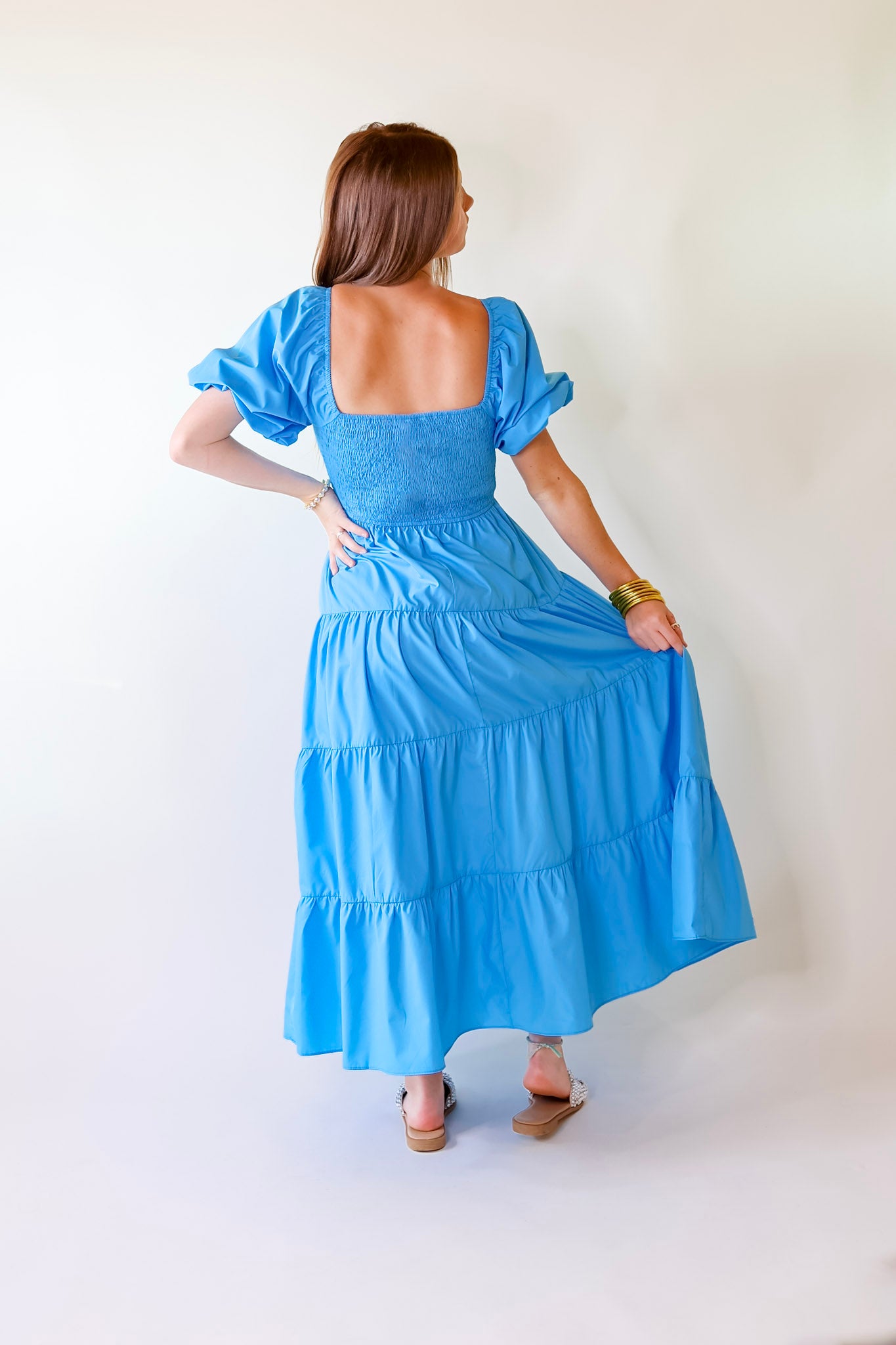 Santorini Sunshine Short Balloon Sleeve Maxi Dress in Blue - Giddy Up Glamour Boutique