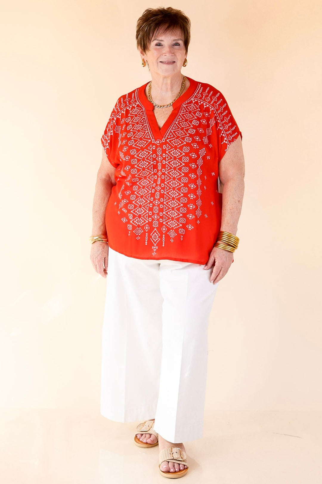 Fredericksburg Feeling Embroidered Short Sleeve Notched Neck Top in Red