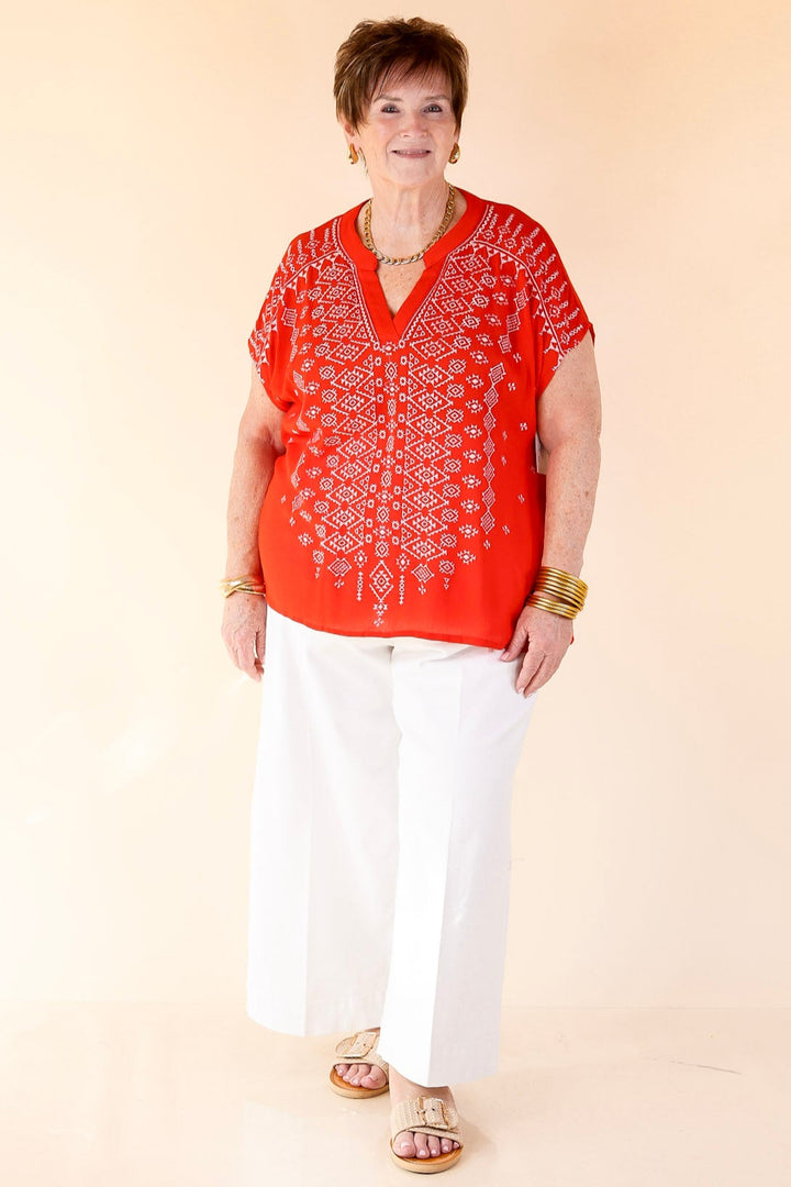 Fredericksburg Feeling Embroidered Short Sleeve Notched Neck Top in Red