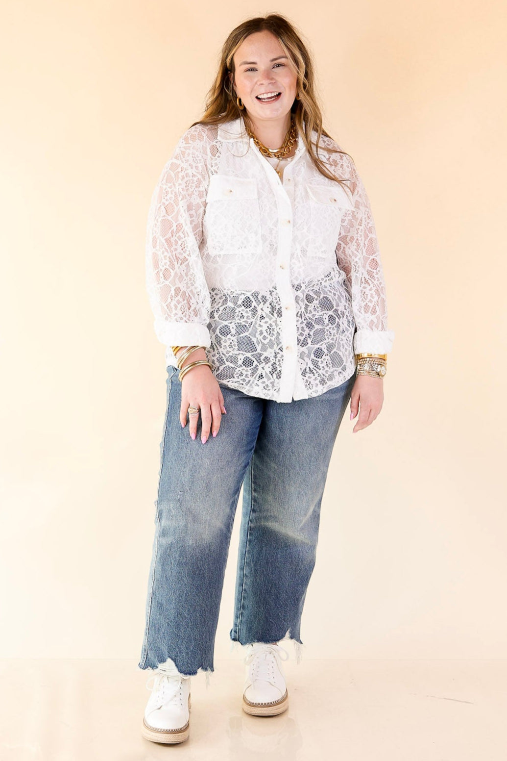 Sheer Chic Collared Button Up Lace Top in White