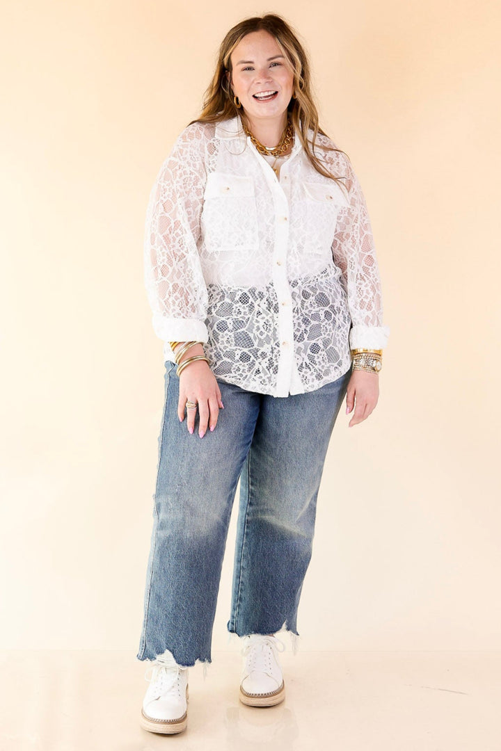 Sheer Chic Collared Button Up Lace Top in White