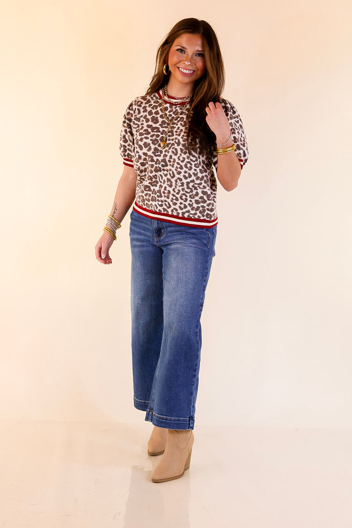 Feline Fine Leopard Print Short Sleeve Sweater with Contrast Trim in Maroon