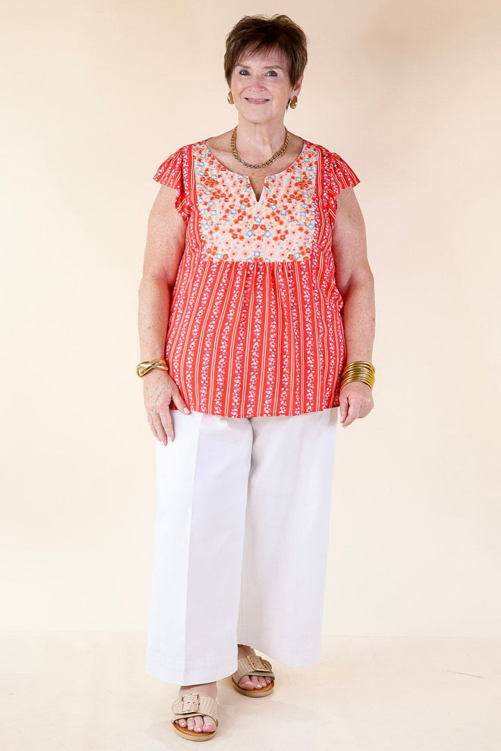 Sweet Reminder Floral and Stripe Print Top with Embroidered Yoke in Red