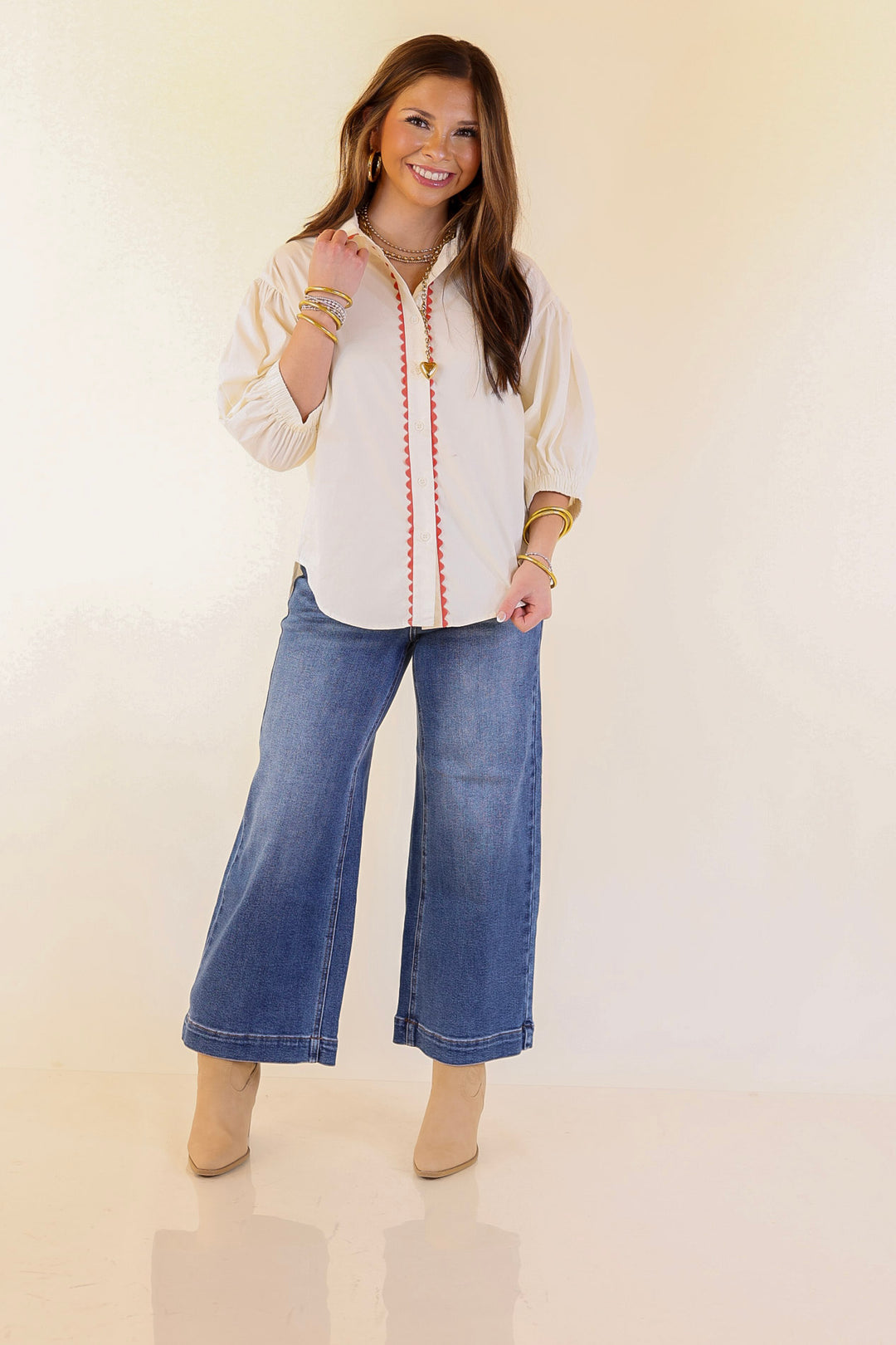 Ripple Effect Puff Sleeve Button-Up Top with Rick-Rack Trim Detailing in Cream