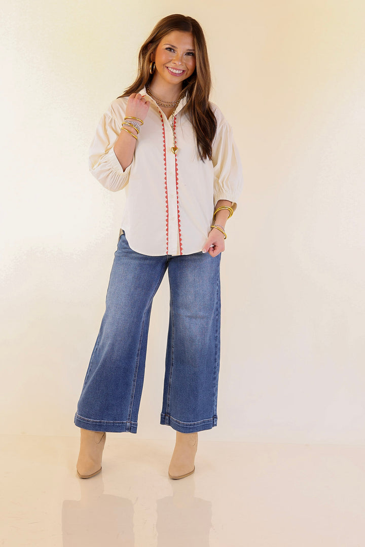 Ripple Effect Puff Sleeve Button-Up Top with Rick-Rack Trim Detailing in Cream