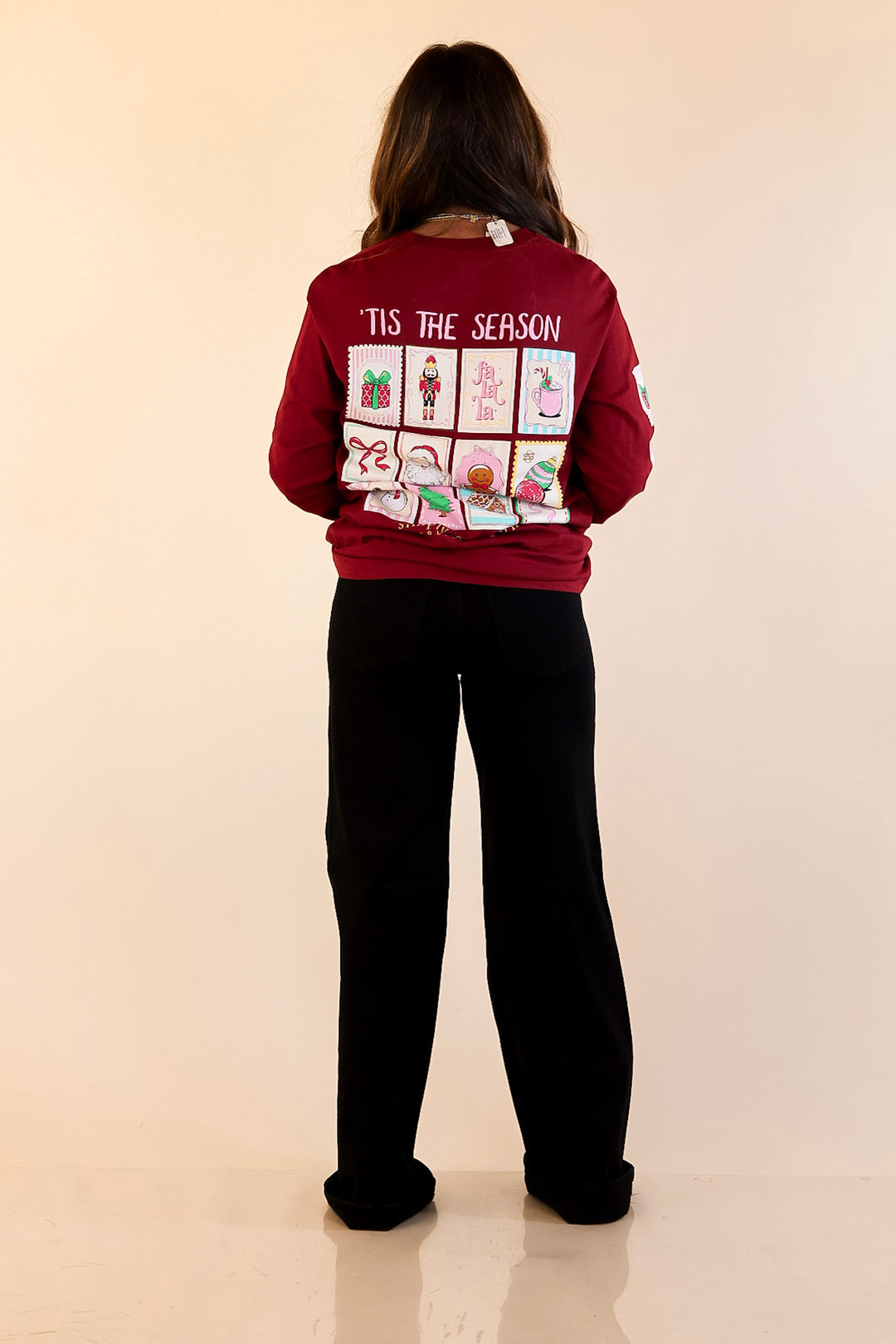 Simply Southern | Merry Mail Holiday Stamps Long Sleeve Graphic T-Shirt in Maroon