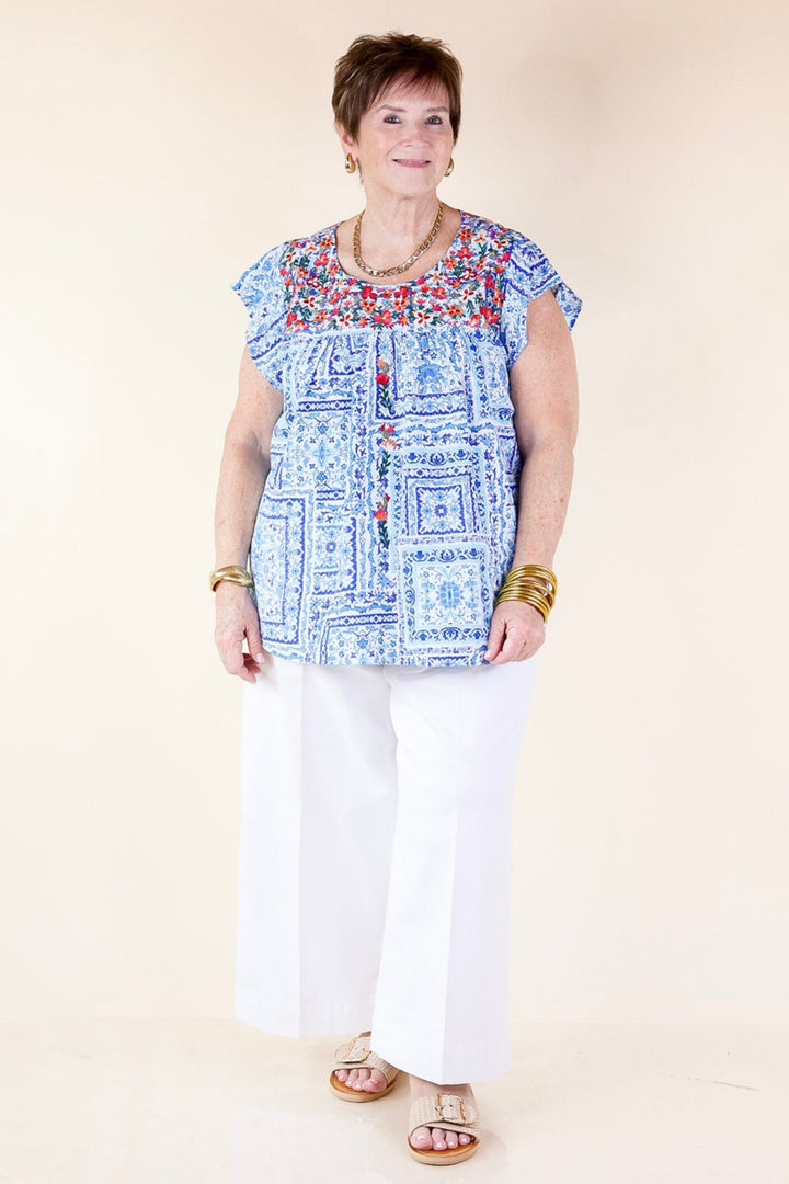 Lajitas Lady Floral Embroidered Babydoll Top in Blue and White