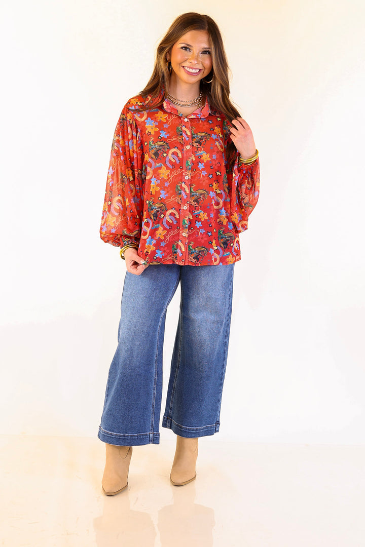 Winning Streak Button Up Collared Horseshoe Print Mesh Top with Long Balloon Sleeves in Red
