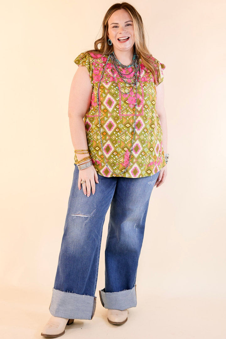 Sweet Serenade Aztec Print Top with Pink Floral Embroidery in Olive Green