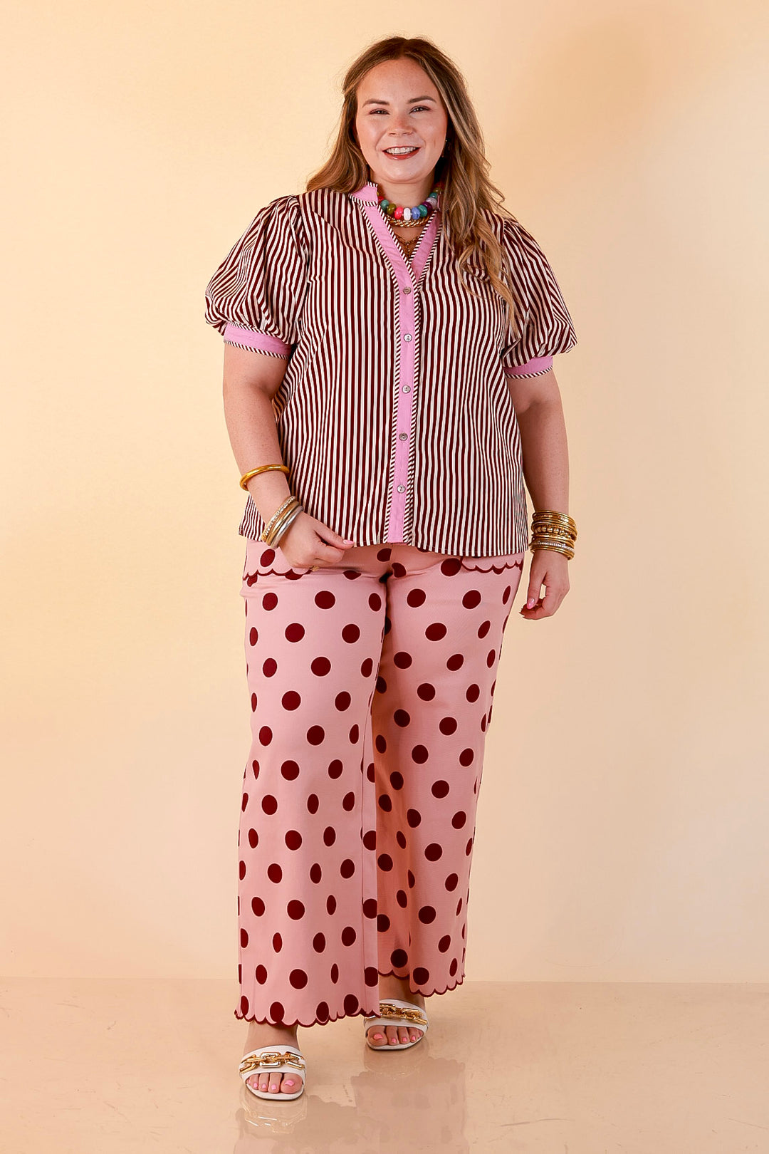 Pop of Polish Short Puff Sleeve Button Front Top with Contrast Trim in White, Maroon, and Pink